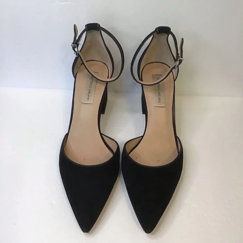 ANTONIO MELANI Women's Black Suede Ankle Strap Chunky Heels 10